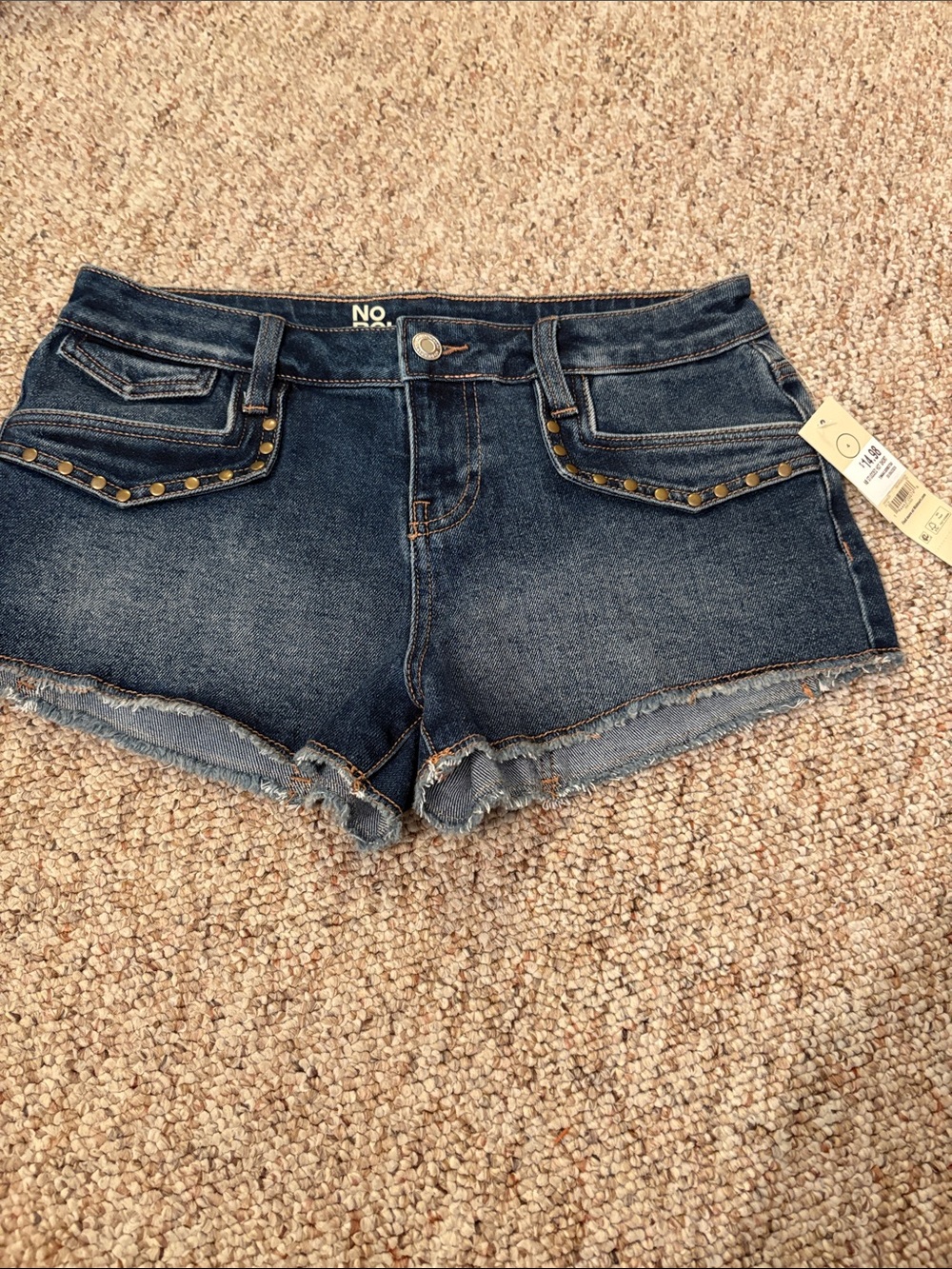 No Boundaries Dark Blue Denim Studded Frayed Hem Shorts